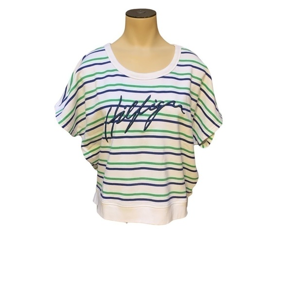 TOMMY Hilfiger Sport Women’s Blue Green Striped Short sleeve Crop Shirt Size L - Picture 1 of 13